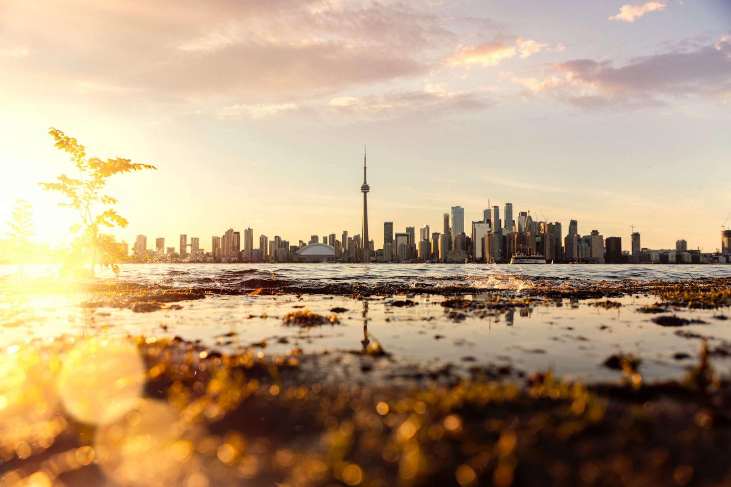 Skyline de una ciudad al atardecer