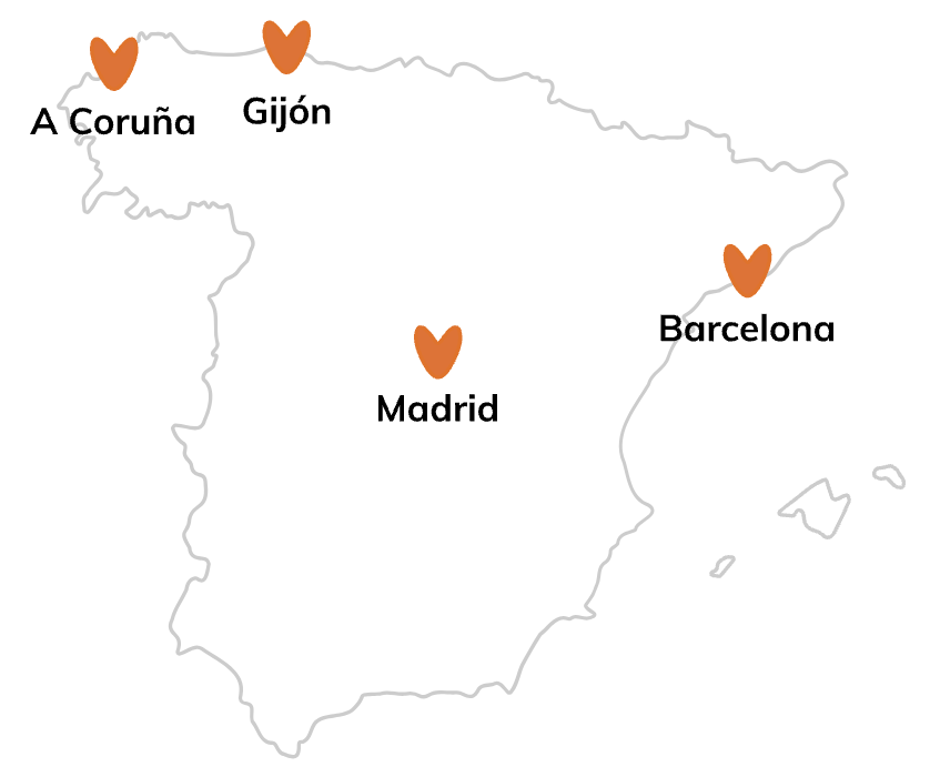 Mapa de España donde se deñalan las ubicaciones de las sedes de Clarcat: A Coruña, Gijón, Madrid y Barcelona