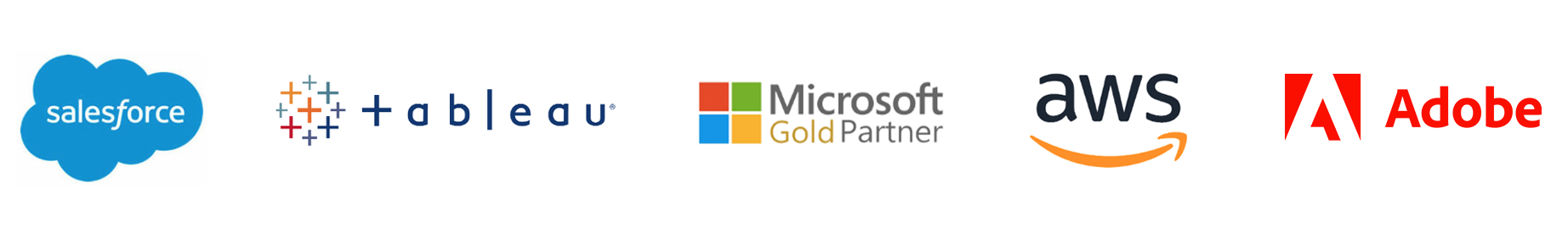Logotipos de nuestros partners Salesforce, Tableau, Microsoft, AWS y Adobe